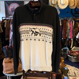 Chaps Black and White Patterned Crewneck Sweater